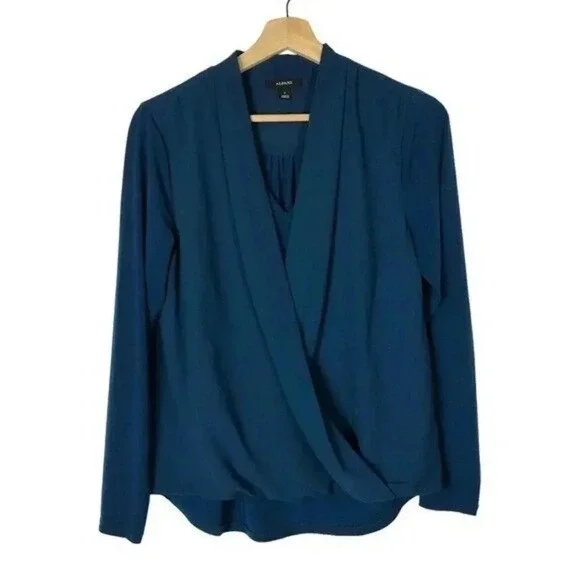 Alfani Alf Teal Blue Surplice Wrap Long Sleeve Blouse S - Picture 2 of 5